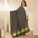 Premium Women Cotton Ajrakh Dupatta Green Printed Ethnic Scarf with Border
