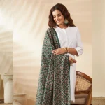 Premium Women Cotton Ajrakh Dupatta Green Printed Ethnic Scarf with Border - Image 2