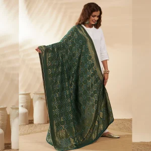 Premium Women’s Cotton Dupatta Green Banarasi Bandhani Zari Lace Work - Image 5