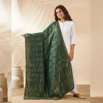 Premium Women’s Cotton Dupatta Green Banarasi Bandhani Zari Lace Work