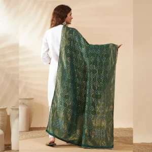 Premium Women’s Cotton Dupatta Green Banarasi Bandhani Zari Lace Work - Image 7