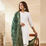 Premium Women’s Cotton Dupatta Green Banarasi Bandhani Zari Lace Work - Image 2