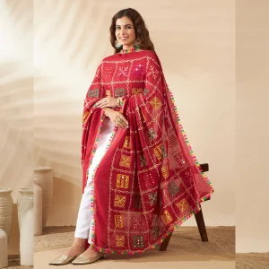 Premium Women’s Cotton Maroon Embroidered with Mirror Work Phulkari Style Scarf - Image 3