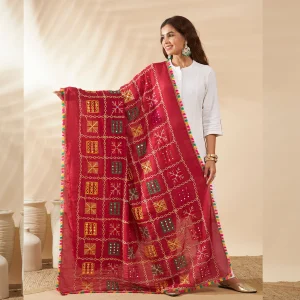 Premium Women’s Cotton Maroon Embroidered with Mirror Work Phulkari Style Scarf - Image 4