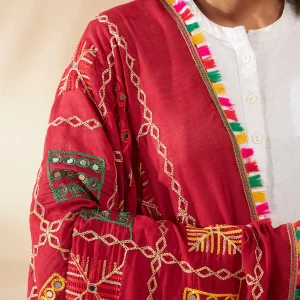 Premium Women’s Cotton Maroon Embroidered with Mirror Work Phulkari Style Scarf - Image 7