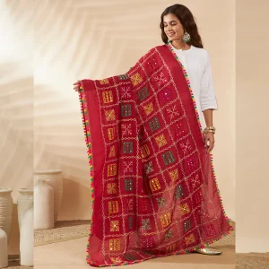 Premium Women’s Cotton Maroon Embroidered with Mirror Work Phulkari Style Scarf - Image 6