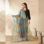 Stylish Floral Organza Dupatta Green Aari & Sequin Work Ethnic Dupatta