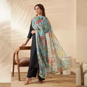 Stylish Floral Organza Dupatta Green Aari & Sequin Work Ethnic Dupatta - Image 3