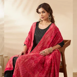 Traditional Banarasi Dupatta Pink Bandhani Cotton with Zari Lace Ethnic Stole - Image 4