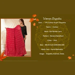 Traditional Banarasi Dupatta Pink Bandhani Cotton with Zari Lace Ethnic Stole - Image 9