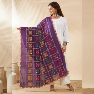 Traditional Cotton Dupatta for Women Purple Embroidered Mirror Work Scarf - Image 6