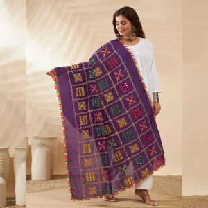 Traditional Cotton Dupatta for Women Purple Embroidered Mirror Work Scarf - Image 4