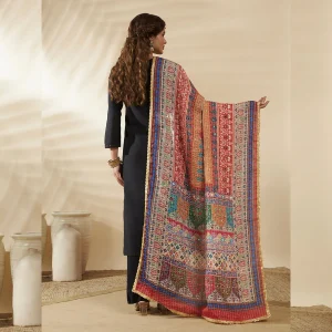 Women Chinon Dupatta Beige Multicolor Embroidered Phulkari Scarf - Image 5