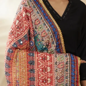 Women Chinon Dupatta Beige Multicolor Embroidered Phulkari Scarf - Image 7
