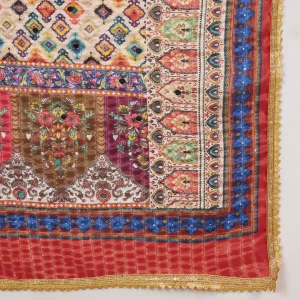 Women Chinon Dupatta Beige Multicolor Embroidered Phulkari Scarf - Image 8