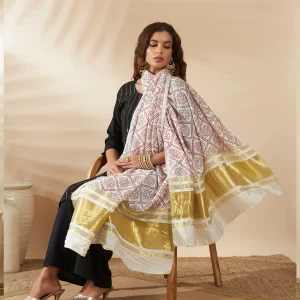 Women Cotton Ajrakh Dupatta White Ethnic Printed Scarf with Elegant Look - Image 5
