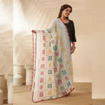 Women Cotton Embroidered Dupatta Mirror Work White Phulkari Style Scarf - Image 5