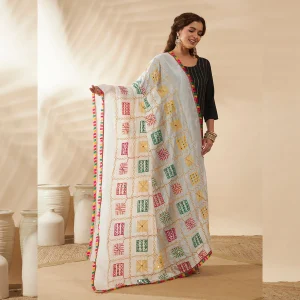 Women Cotton Embroidered Dupatta Mirror Work White Phulkari Style Scarf - Image 5