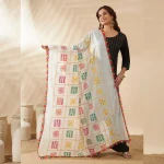 Women Cotton Embroidered Dupatta Mirror Work White Phulkari Style Scarf