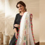 Women Cotton Embroidered Dupatta Mirror Work White Phulkari Style Scarf - Image 2