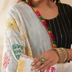 Women Cotton Embroidered Dupatta Mirror Work White Phulkari Style Scarf - Image 7