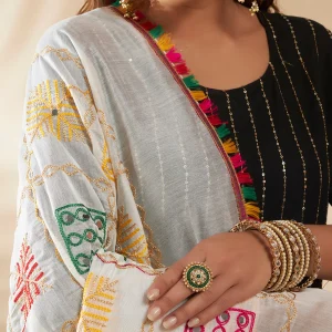 Women Cotton Embroidered Dupatta Mirror Work White Phulkari Style Scarf - Image 7