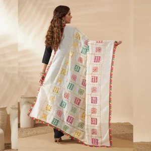 Women Cotton Embroidered Dupatta Mirror Work White Phulkari Style Scarf - Image 6