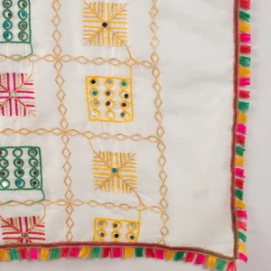 Women Cotton Embroidered Dupatta Mirror Work White Phulkari Style Scarf - Image 8