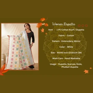 Women Cotton Embroidered Dupatta Mirror Work White Phulkari Style Scarf - Image 9