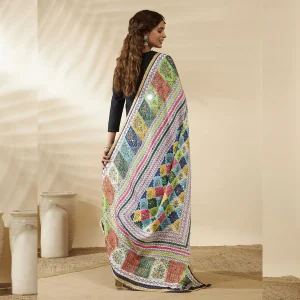 Women Phulkari Style Chinnon Dupatta White Embroidered Mirror Work - Image 5