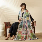 Women Phulkari Style Chinnon Dupatta White Embroidered Mirror Work
