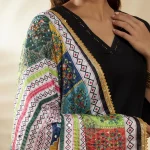 Women Phulkari Style Chinnon Dupatta White Embroidered Mirror Work - Image 7