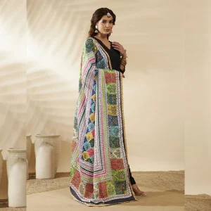 Women Phulkari Style Chinnon Dupatta White Embroidered Mirror Work - Image 6