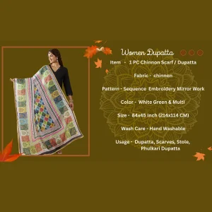 Women Phulkari Style Chinnon Dupatta White Embroidered Mirror Work - Image 9