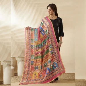 Women Red Multicolor Chinon Dupatta Ethnic Printed Designer Scarf - Image 3