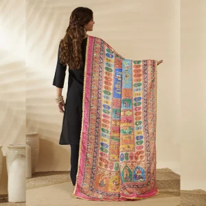 Women Red Multicolor Chinon Dupatta Ethnic Printed Designer Scarf - Image 4