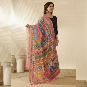 Women Red Multicolor Chinon Dupatta Ethnic Printed Designer Scarf - Image 5