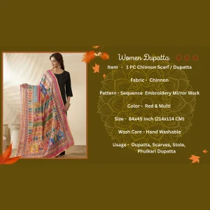 Women Red Multicolor Chinon Dupatta Ethnic Printed Designer Scarf - Image 8