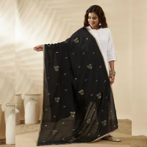 Women’s Black Georgette Dupatta with Golden Sequence Work Ethnic Scarf - Image 3