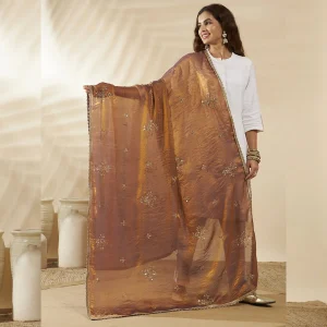 Women’s Copper Brown Chiffon Dupatta with Golden Sequin Work Ethnic Stole - Image 6