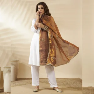 Women’s Copper Brown Chiffon Dupatta with Golden Sequin Work Ethnic Stole - Image 3