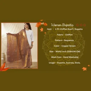 Women’s Copper Brown Chiffon Dupatta with Golden Sequin Work Ethnic Stole - Image 9