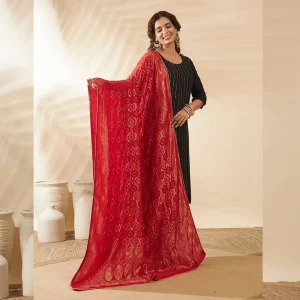 Women’s Cotton Dupatta Red Banarasi Bandhani with Zari Lace Work Scarf - Image 6