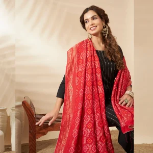 Women’s Cotton Dupatta Red Banarasi Bandhani with Zari Lace Work Scarf - Image 5
