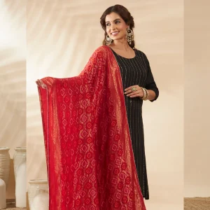 Women’s Cotton Dupatta Red Banarasi Bandhani with Zari Lace Work Scarf - Image 4