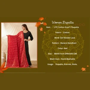 Women’s Cotton Dupatta Red Banarasi Bandhani with Zari Lace Work Scarf - Image 8