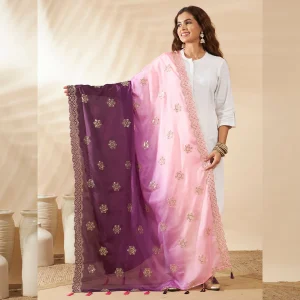 Women’s Pink Purple Chinnon Dupatta Dual Tone Embroidery Sequin Work Stole - Image 4