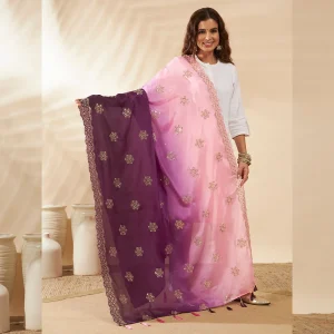 Women’s Pink Purple Chinnon Dupatta Dual Tone Embroidery Sequin Work Stole - Image 7