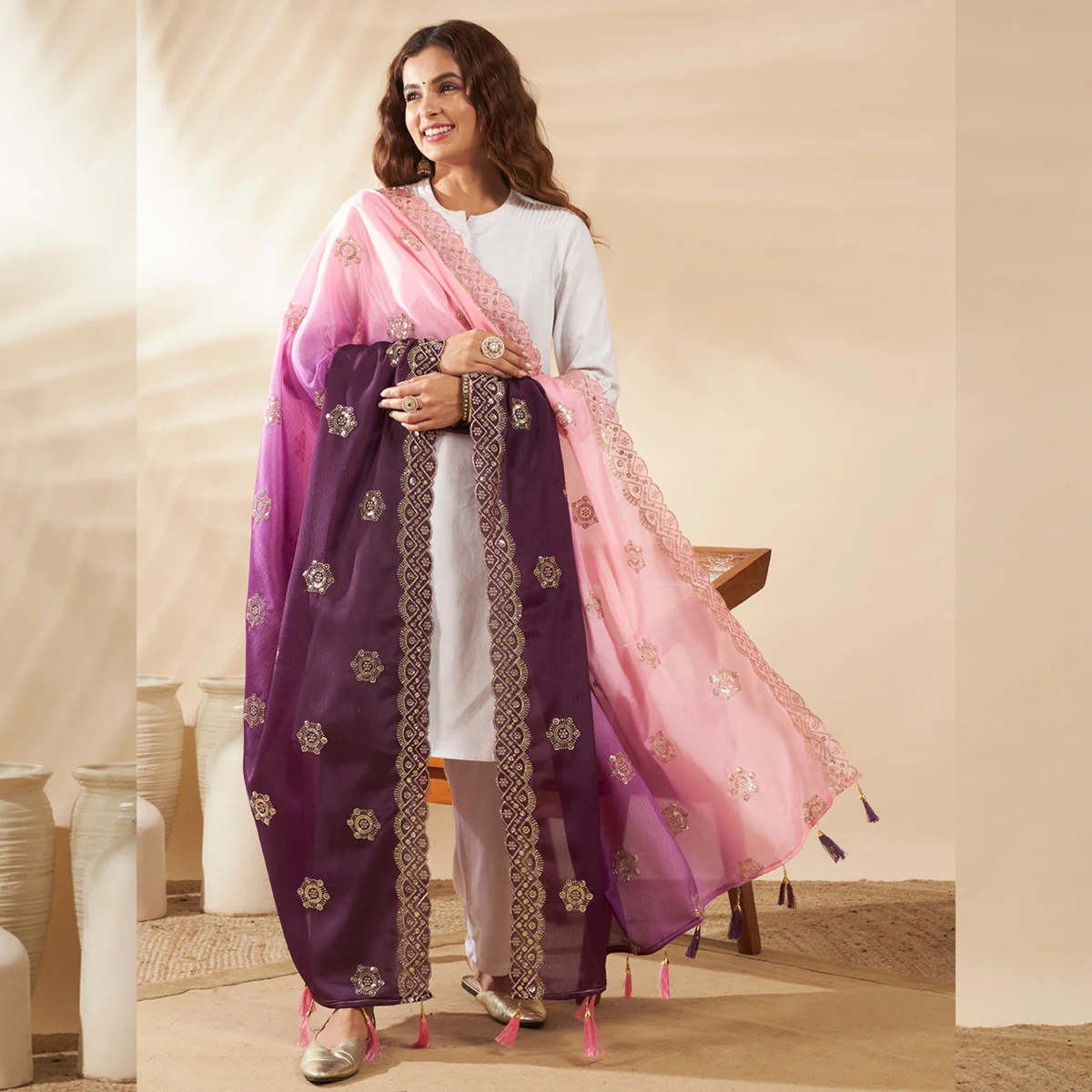 womens-pink-purple-chinnon-dupatta-dual-tone-embroidery-sequin-work-stole DCS-73 (5)