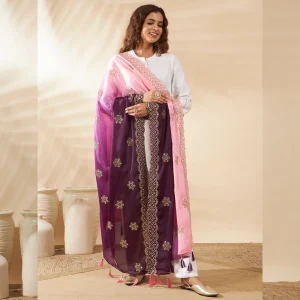 Women’s Pink Purple Chinnon Dupatta Dual Tone Embroidery Sequin Work Stole - Image 3